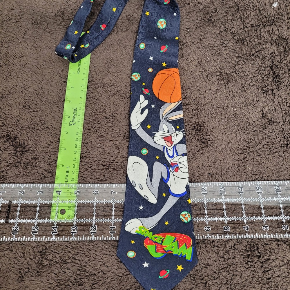 Vintage 1996 Space Jam Bugs Bunny Navy Blue Silk Tie Warner Bros Tune Squad 2930